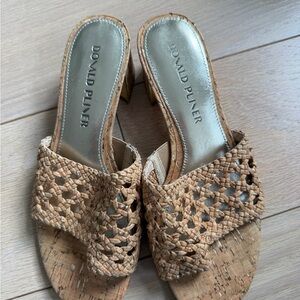 Donald J. Pliner Tan Woven Cork Slide Mules